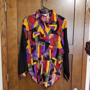 Bold pattern sheer sleeves button front shirt-vintage-Bin#14.